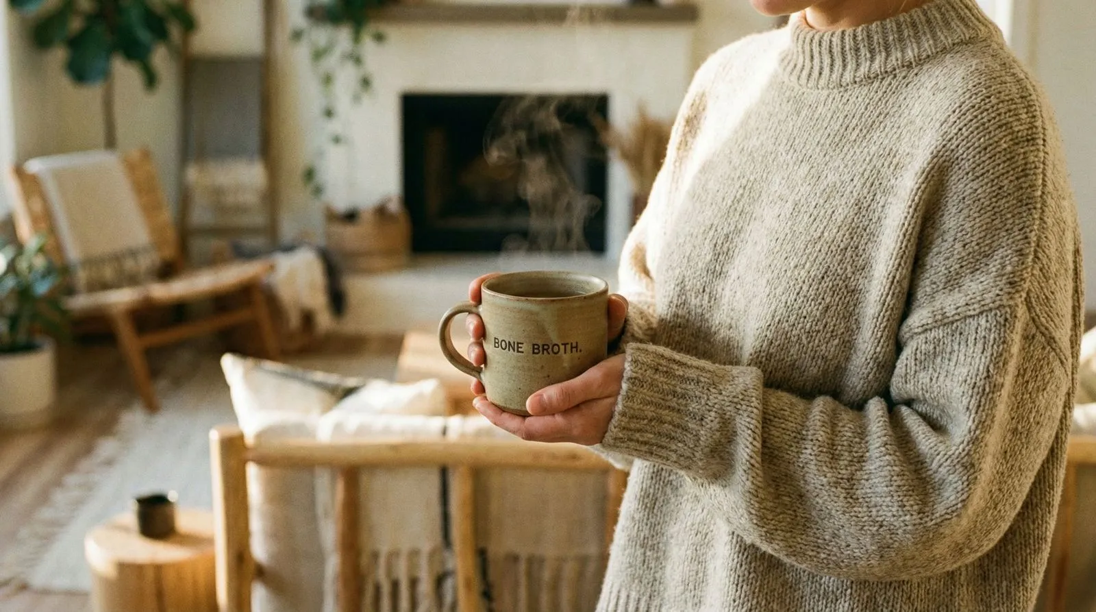 Vrouw geniet van een warme kop bone broth als onderdeel van een gezonde levensstijl
