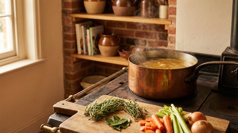 Bone broth sudderend op het vuur